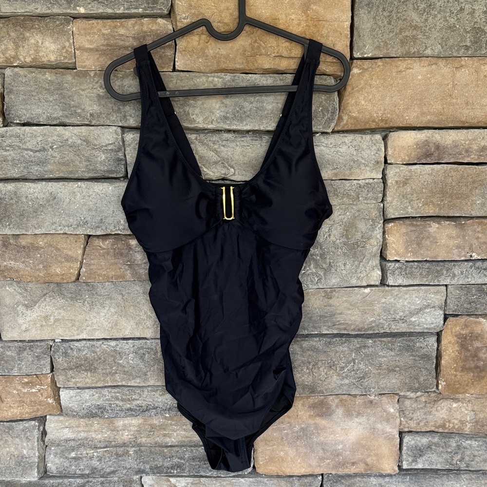 NWT- Bathing Suit with Rouched Stomach and Gold Accent